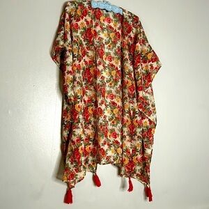 America & Beyond tassel kimono rose floral bouquet print large women’s
